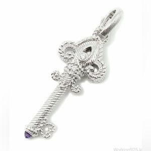 Large Judith Ripka Cubic Zirconia Amethyst Sterling Silver Cable Key Pendant